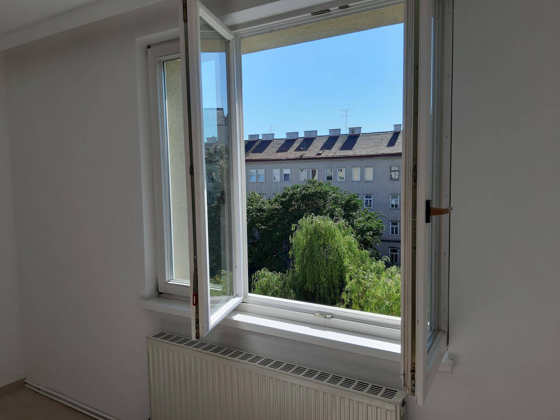 Fensterblick aus dem Zimmer auf den grünen Innenhof und die umliegenden Gebäude.