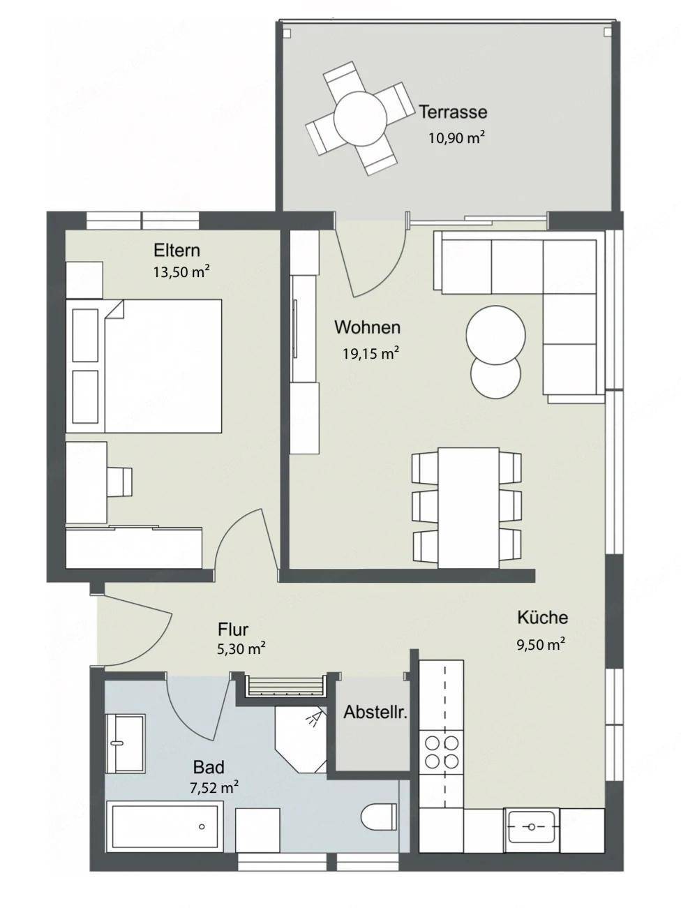 Grundriss der Wohnung mit Wohnbereich, Schlafzimmer, Bad, Küche und großer Terrasse.