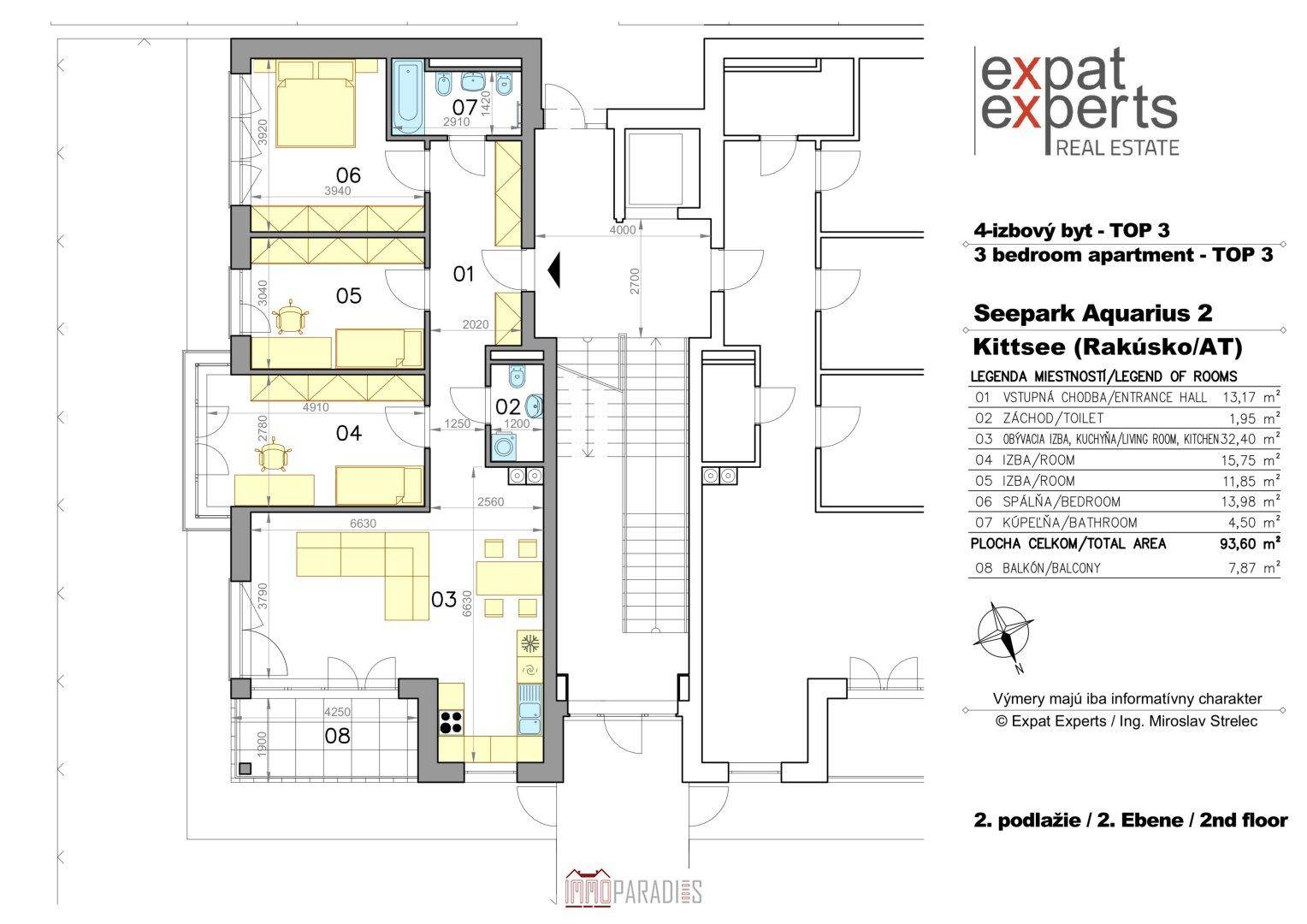 Grundriss einer 3-Zimmer-Wohnung mit Balkon und klarer Raumaufteilung.