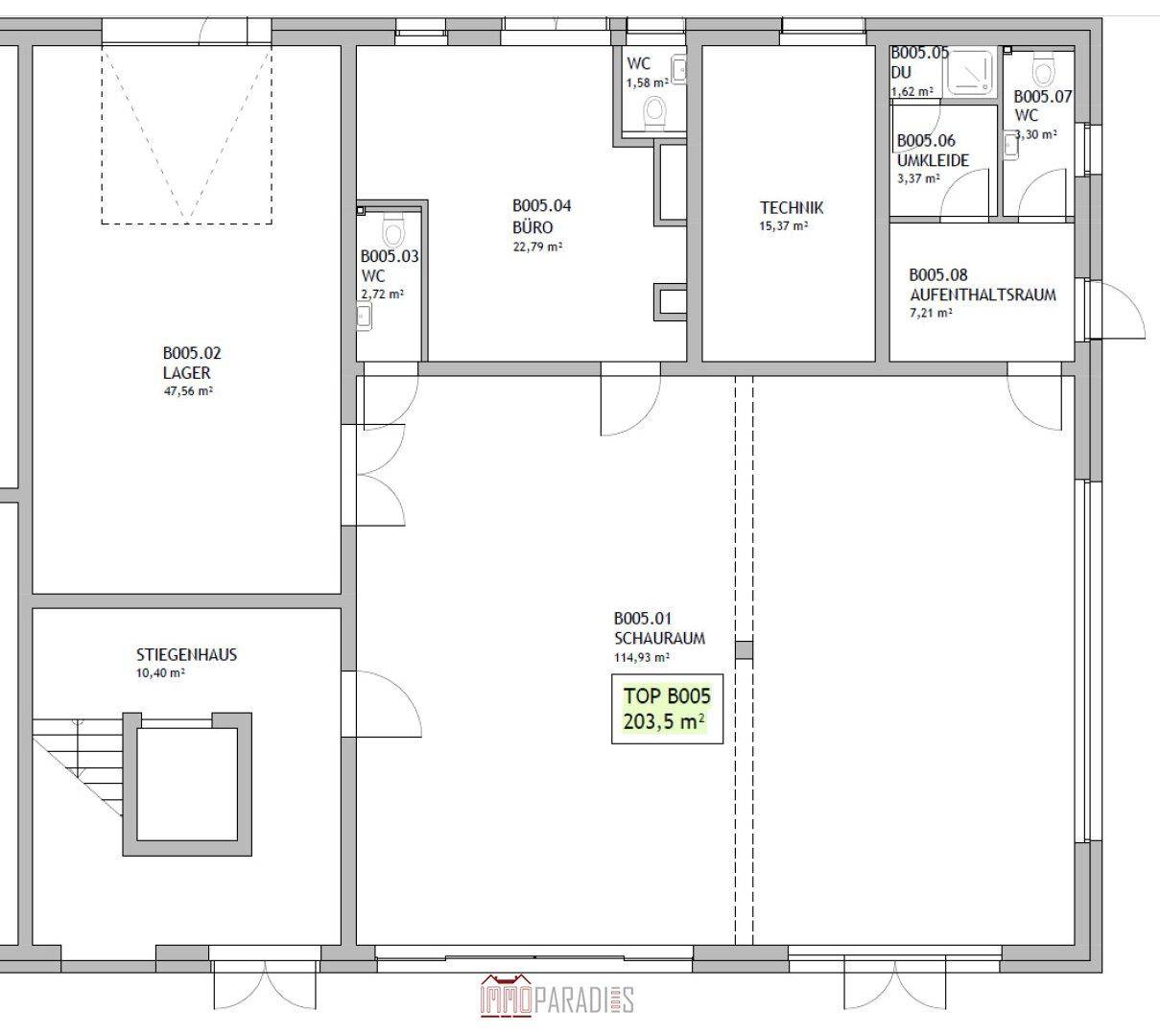 Detaillierter Grundriss einer Gewerbeeinheit mit Lager, Büro, Technikraum und Aufenthaltsbereich auf 203,5 m².