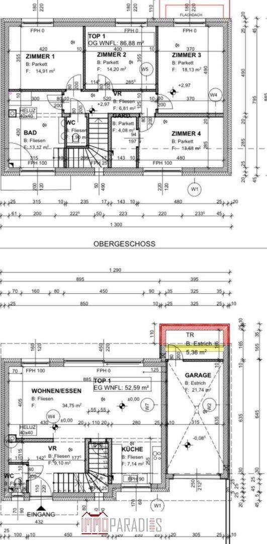 Grundrisse des Ober- und Erdgeschosses mit Wohn-/Essbereich, Küche, Schlafzimmern und Garage.