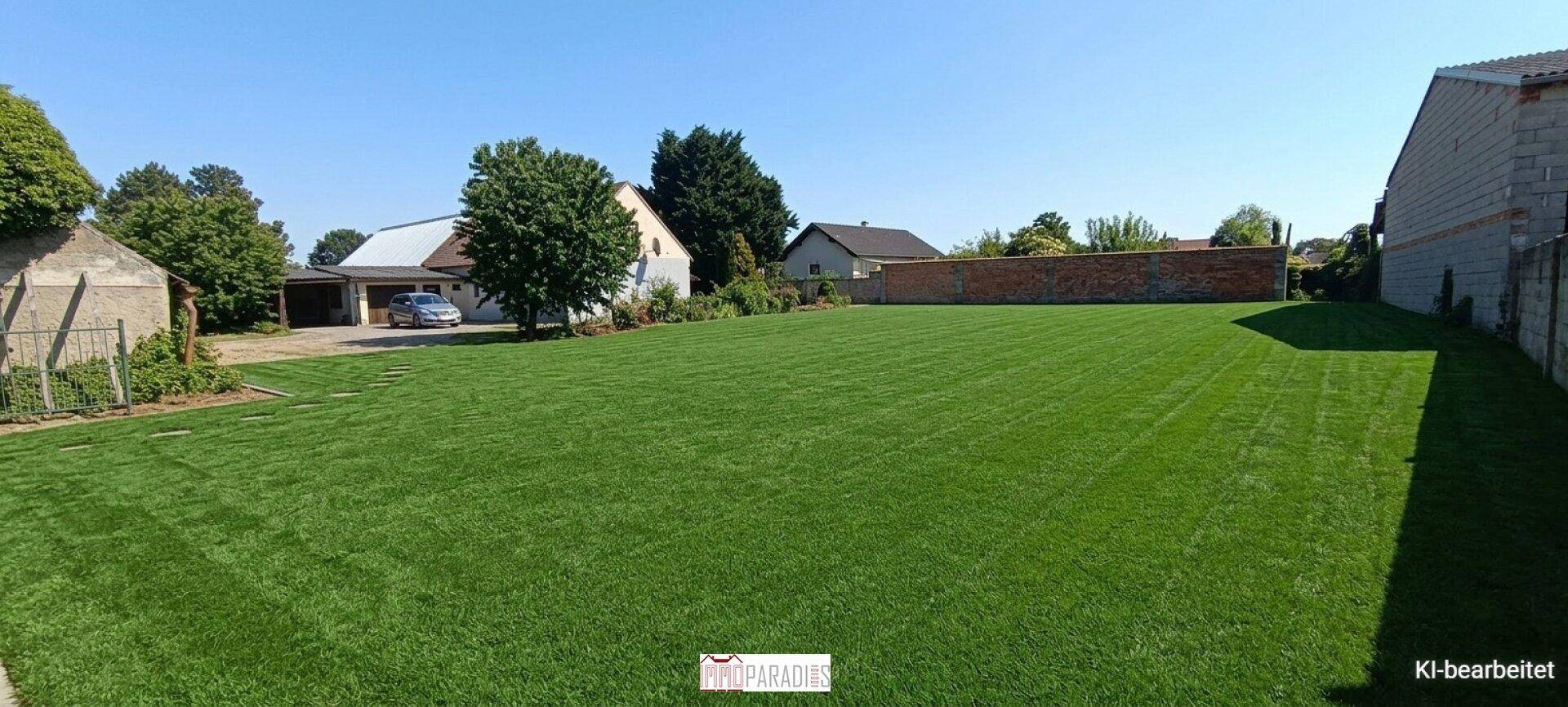 Panoramablick über die weitläufige Rasenfläche des Grundstücks mit angrenzenden Häusern.