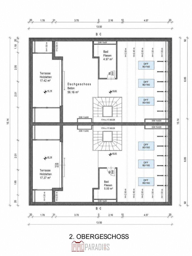 Grundriss des zweiten Obergeschosses mit Dachgeschoss, Bädern und zwei Terrassen.