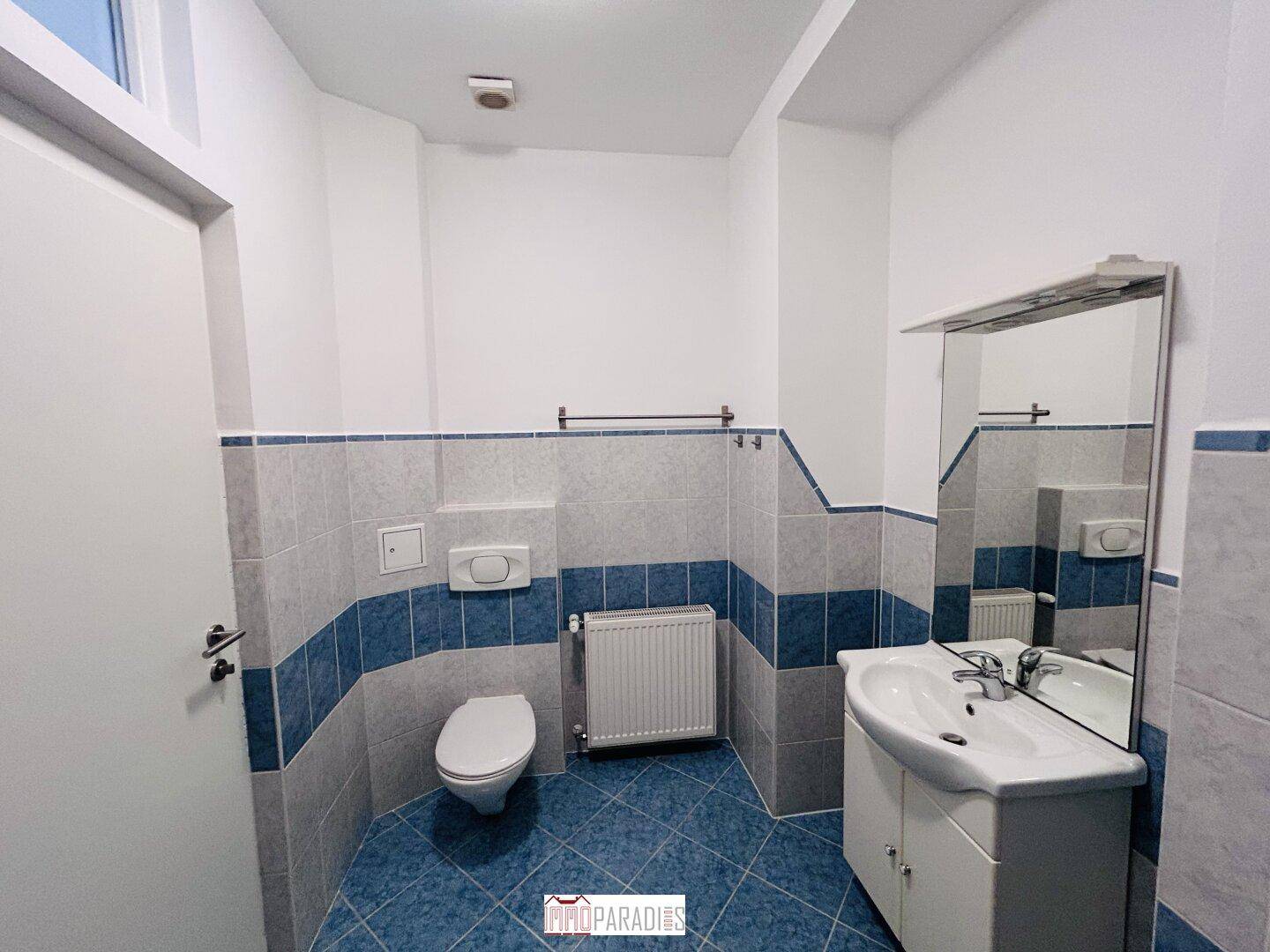 Badezimmer mit blauen und grauen Fliesen, Toilette, Waschbecken mit Unterschrank und Spiegel.