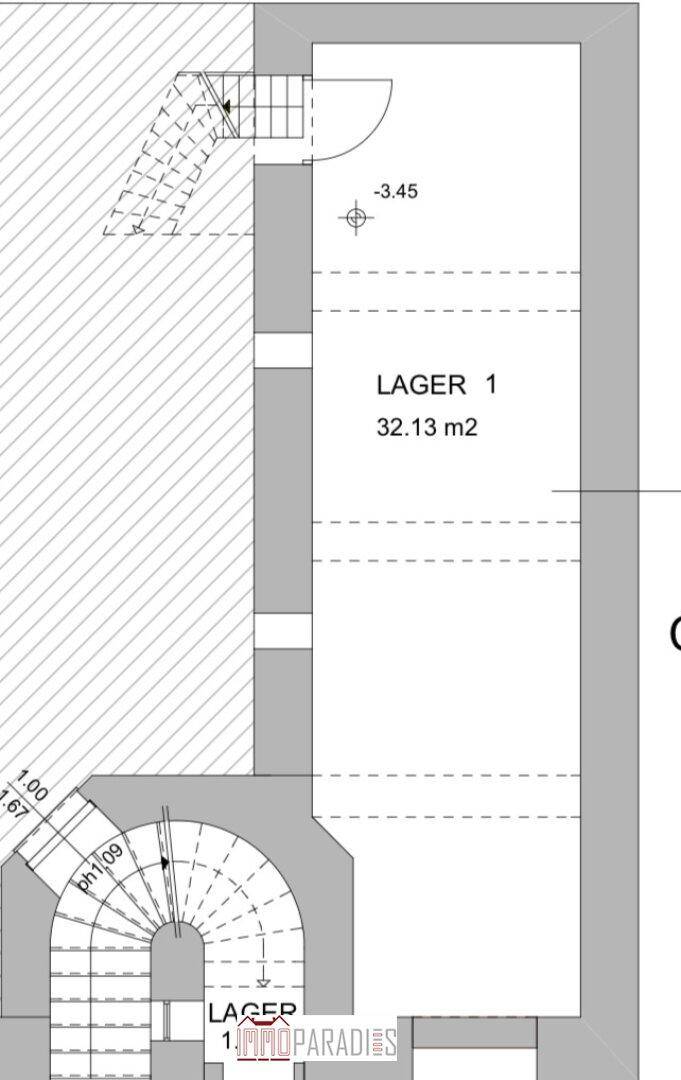 Grundriss des Lagerraums 1 mit Treppenzugang, ideal für zusätzlichen Stauraum.