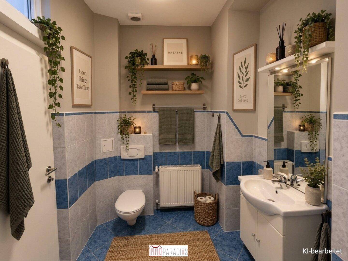 Badezimmer mit blauen und grauen Fliesen, WC, Waschbecken und Spiegelschrank.
