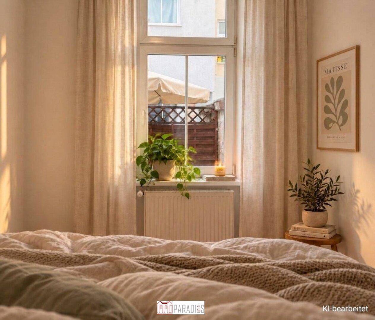 Gemütliches Schlafzimmer mit Blick auf einen begrünten Außenbereich und Vorhängen.