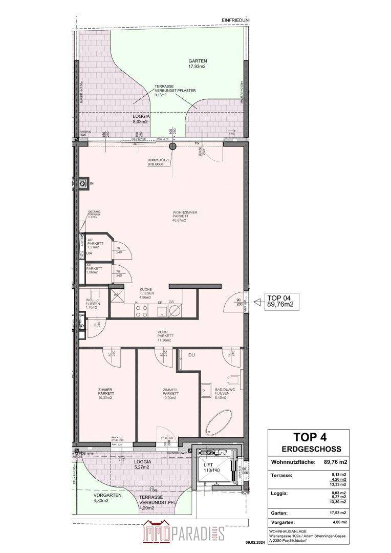 Grundriss der Erdgeschosswohnung Top 4 mit Garten, Loggia und drei Zimmern.