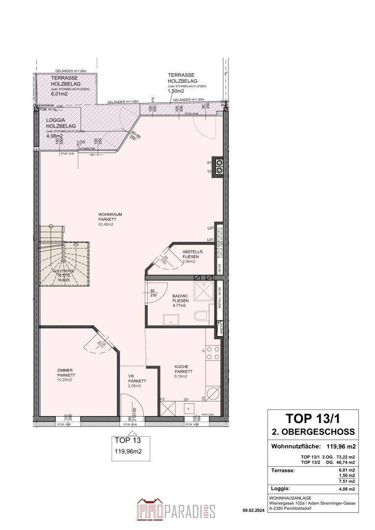 Grundriss des Obergeschosses mit Wohnraum, separater Küche, Bad, WC, Loggia und Terrasse.
