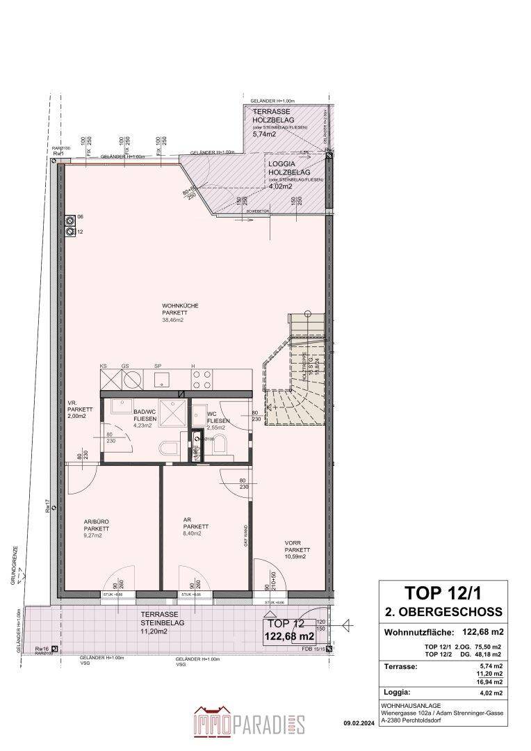 Grundriss des 2. Obergeschosses mit Wohnküche, zwei Zimmern, Bad, WC und zwei Terrassen.