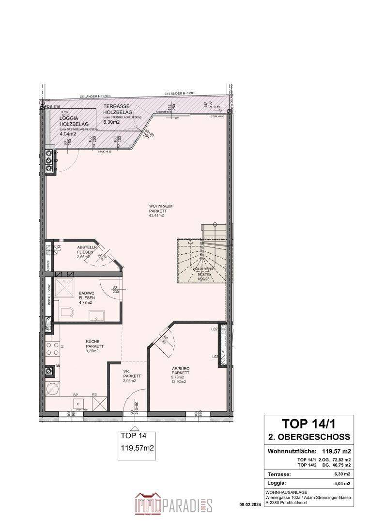 Grundriss der zweiten Etage mit Wohnraum, Küche, Bad und Terrasse.