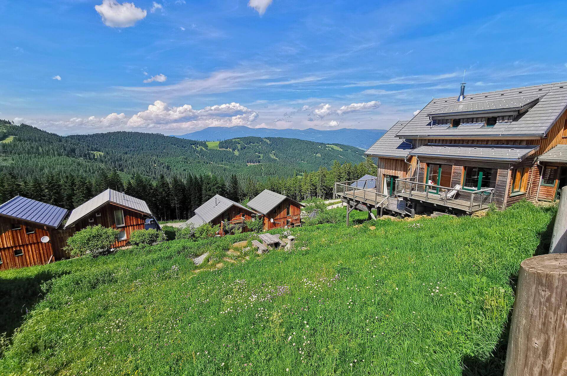 Mehrere Holzchalets auf einem grünen Berghang mit weitem Blick auf die umliegende Berglandschaft und Wälder.