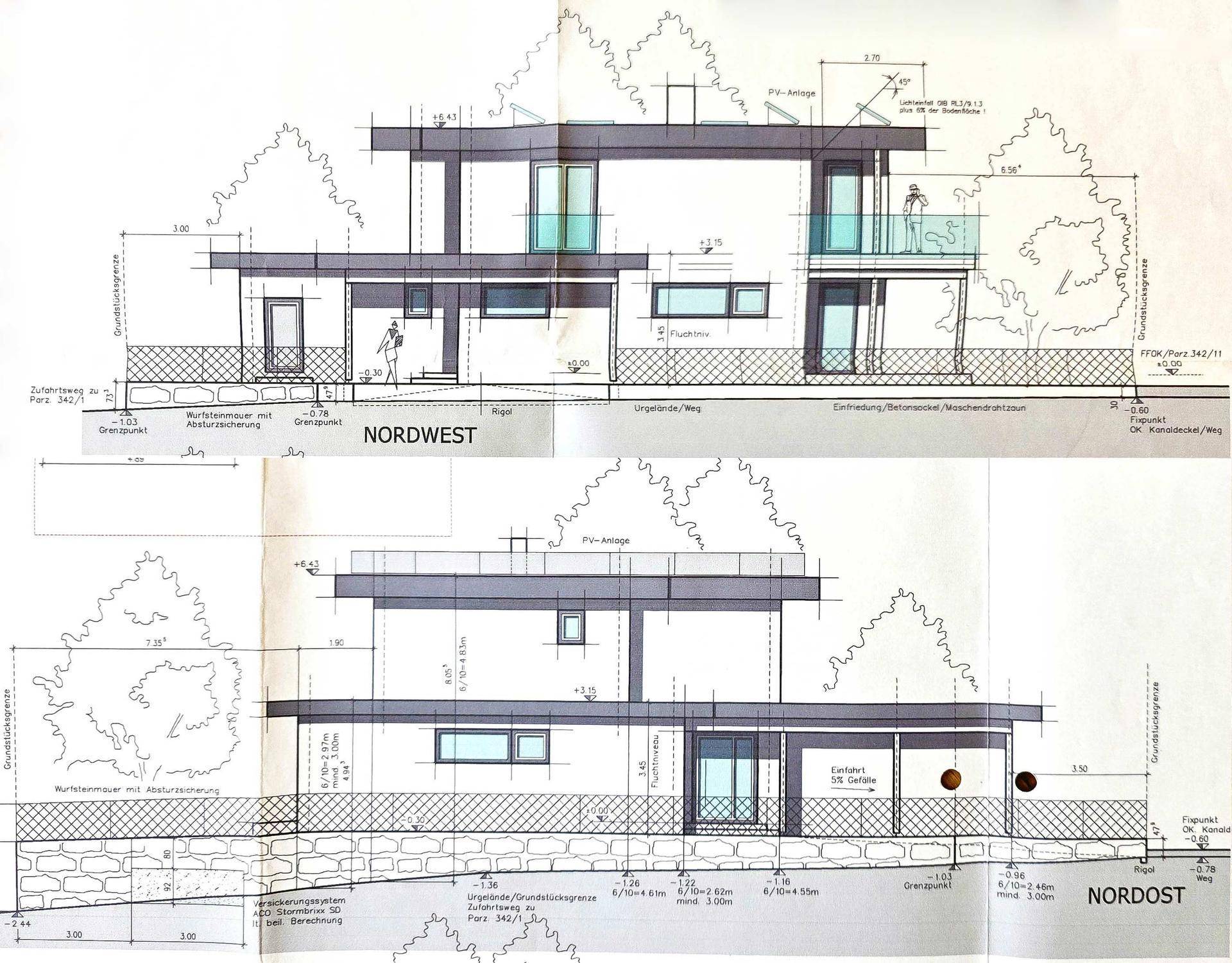 Weitere architektonische Ansichten eines modernen Hauses mit klaren Linien und großen Fensterflächen.