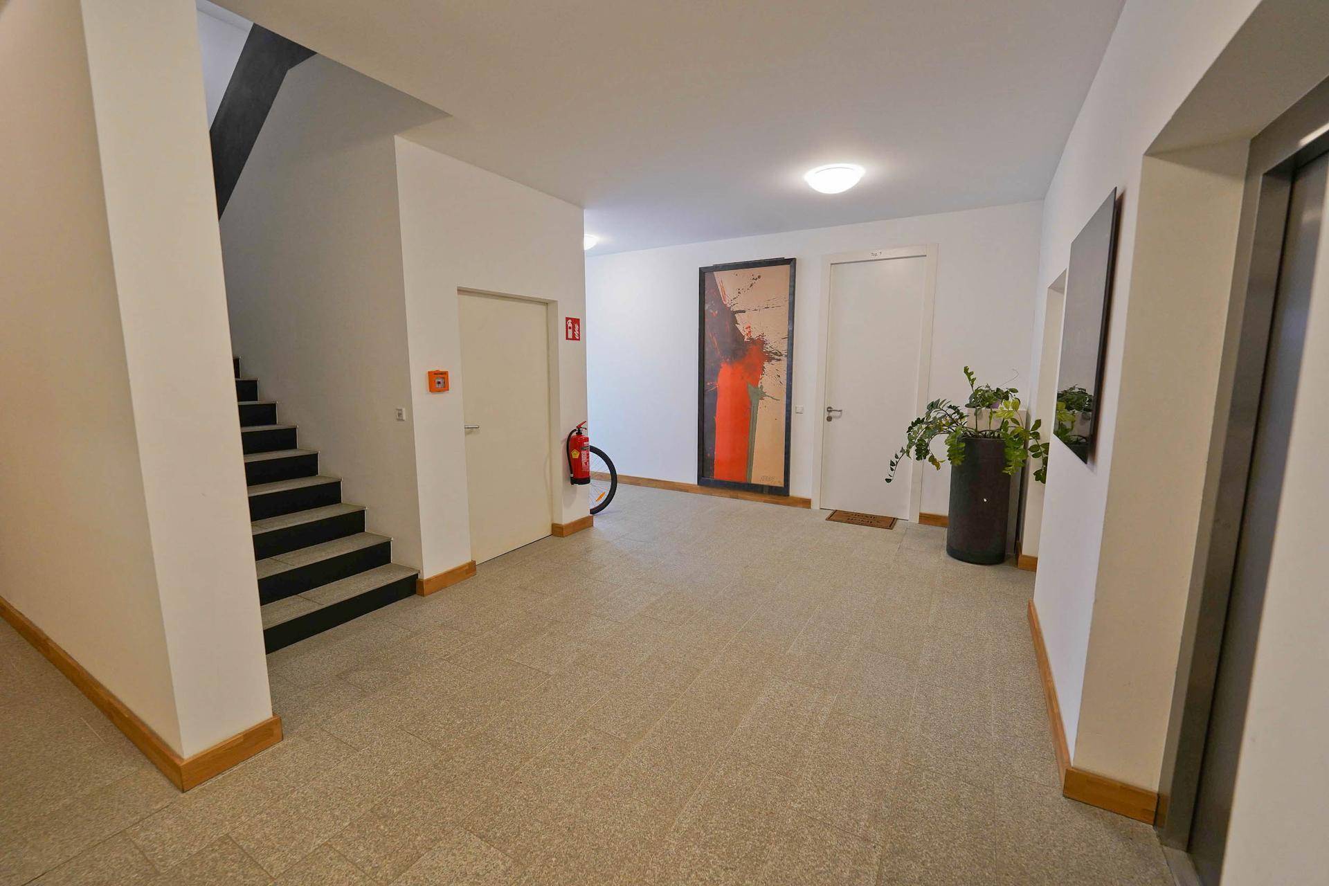 Geräumiger Eingangsbereich mit Treppe, Aufzug und moderner Kunst, hell und einladend.
