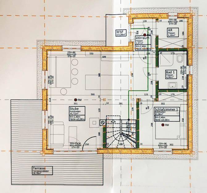 Grundriss des Erdgeschosses mit Wohnbereich, Schlafzimmer, Bad und einer großen Terrasse.