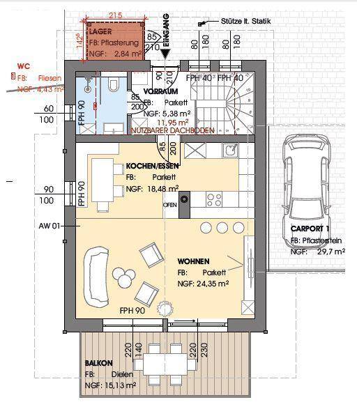 Grundriss des Erdgeschosses mit Wohnbereich, Küche, WC und Balkon.