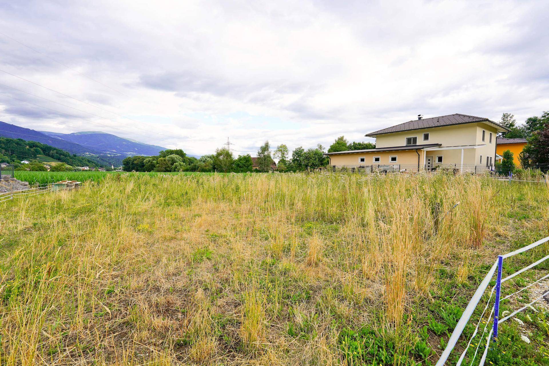 Großes, unbebautes Grundstück mit trockenem Gras und einem Wohnhaus im Hintergrund, umgeben von Natur.