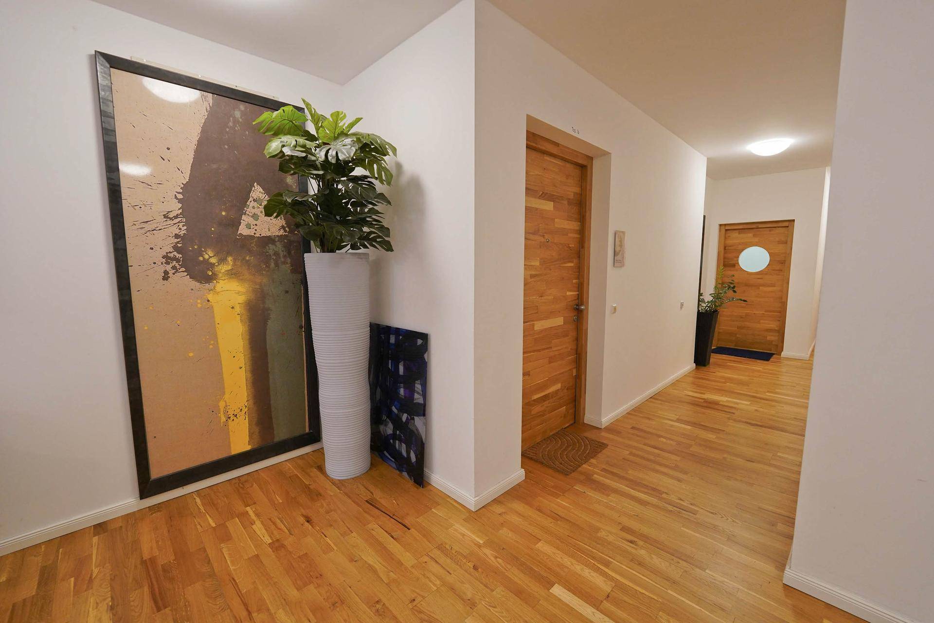 Heller Flur mit Holzboden, modernen Türen und dekorativer Pflanze, einladend gestaltet.