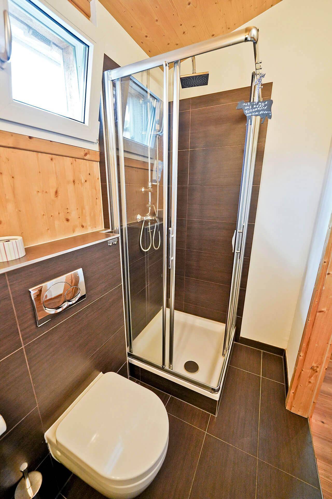 Moderne Duschkabine mit Regenduschkopf und Toilette in einem Badezimmer mit Holzwänden.
