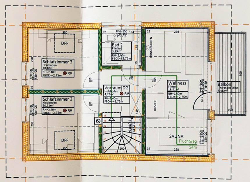 Grundriss des Dachgeschosses mit zwei Schlafzimmern, Bad, Wellnessbereich und einem Balkon.