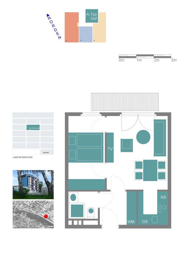Detaillierter Grundriss einer Wohnung mit Schlafzimmer, Wohnbereich und Küche.