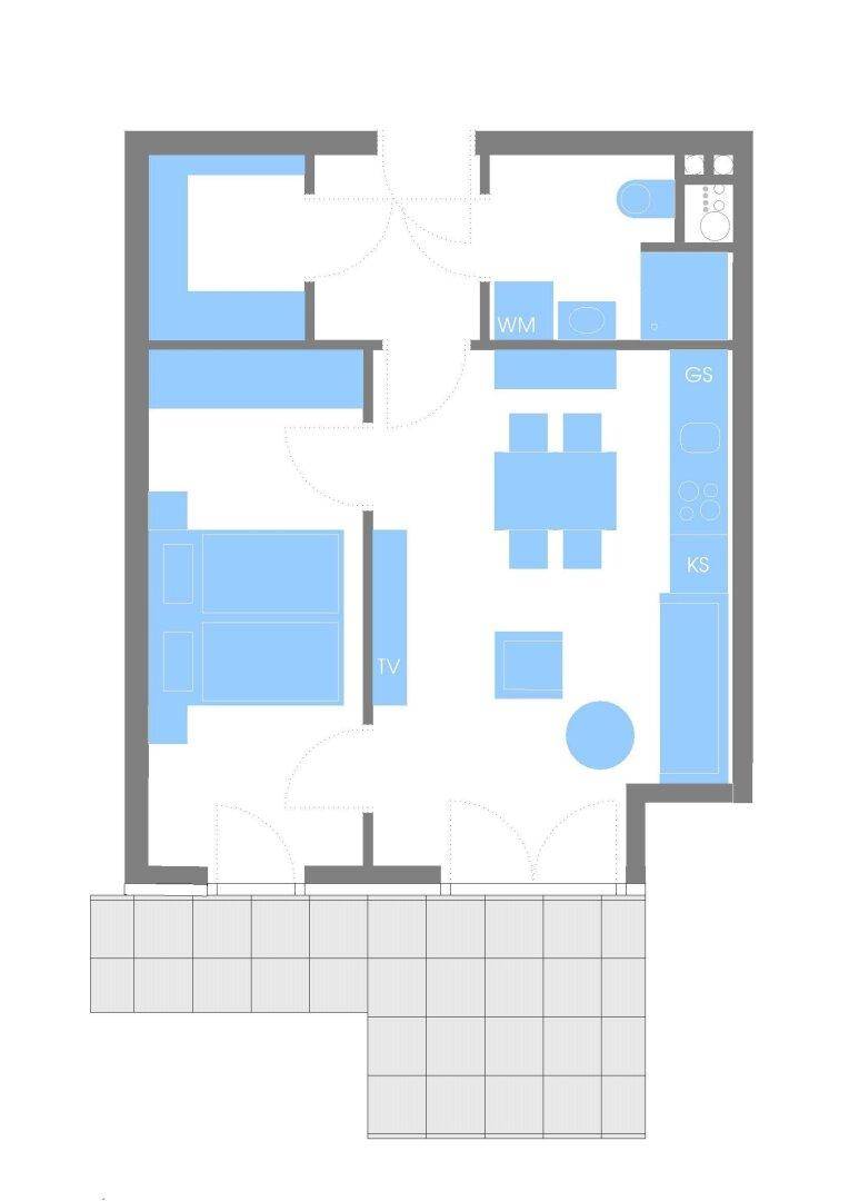 Grundriss einer Wohnung mit einem Schlafzimmer, offenem Wohnbereich und großem Balkon.