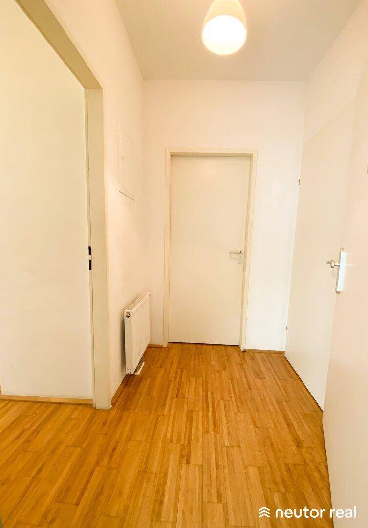 Eingangsbereich mit Holzboden, weißer Tür und Heizkörper an der Wand.
