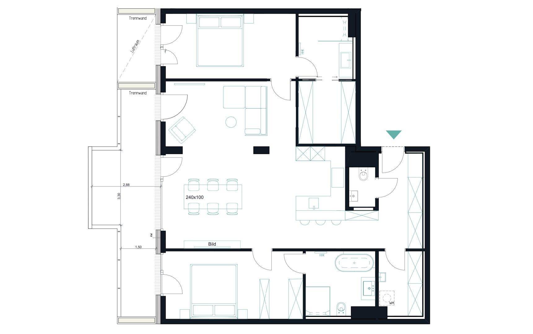 Grundriss einer Wohnung mit zwei Schlafzimmern, offenem Wohnbereich und Balkon.