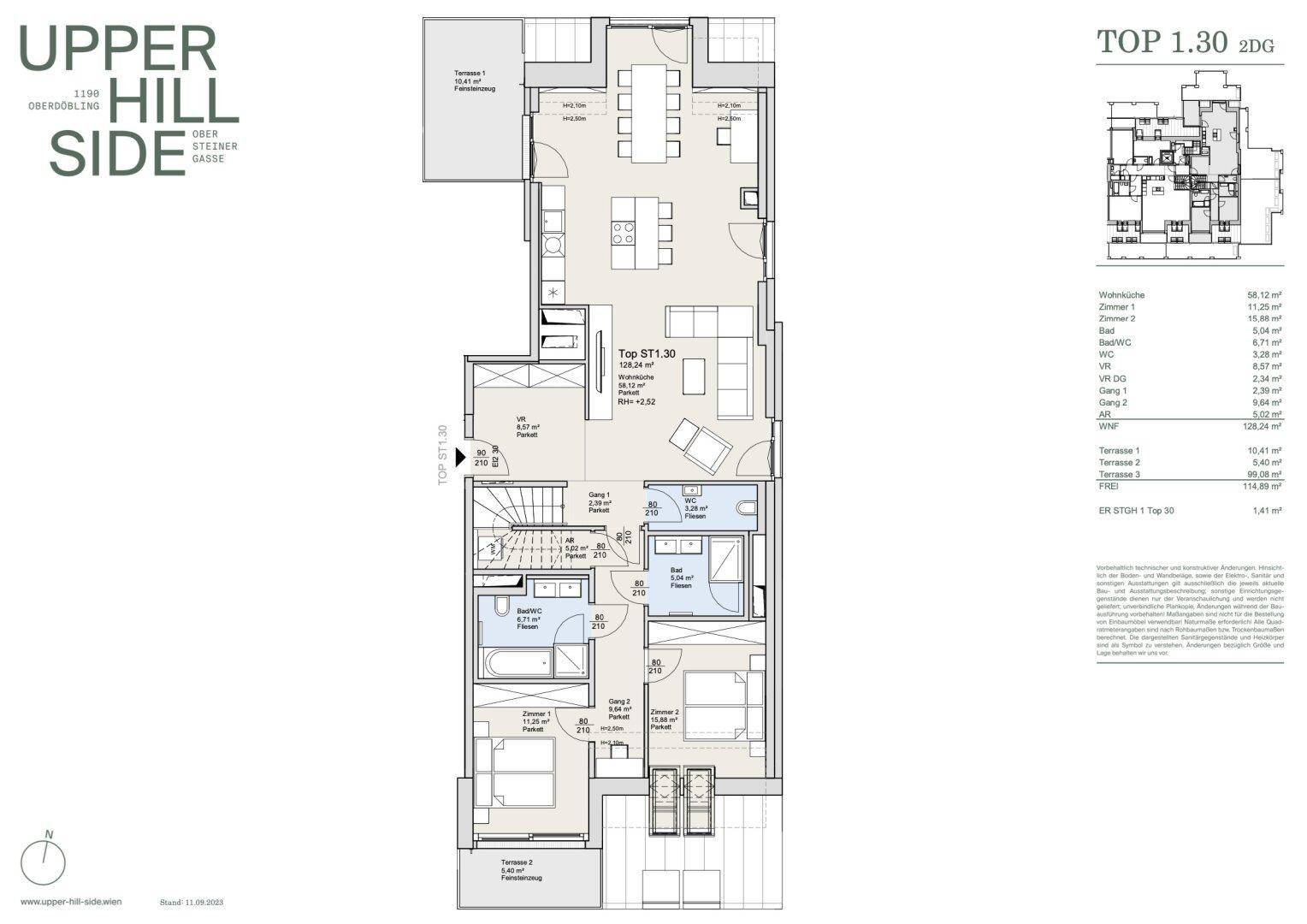 Grundrissplan einer zweistöckigen Wohnung mit mehreren Schlafzimmern, Bädern und Terrassen.