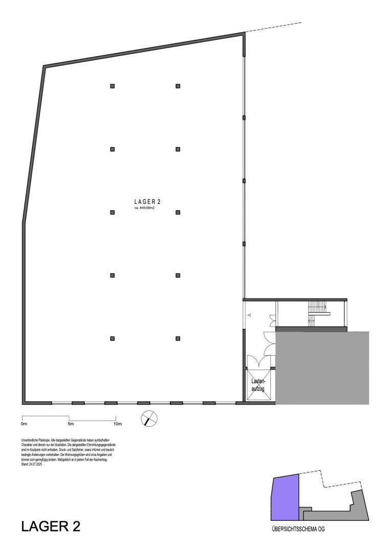 Grundriss des Lagerbereichs 2 im Obergeschoss mit offenem Layout und Aufzugzugang.