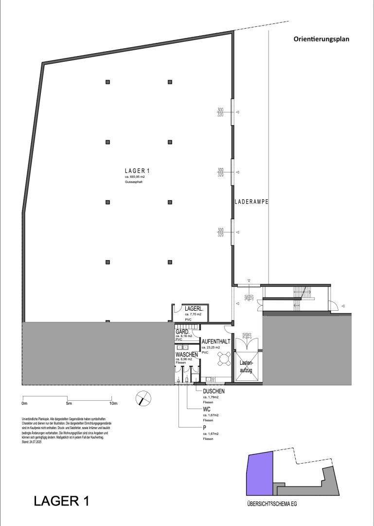 Grundriss des Lagerbereichs 1 im Erdgeschoss mit Laderampe, Duschen und Toiletten.
