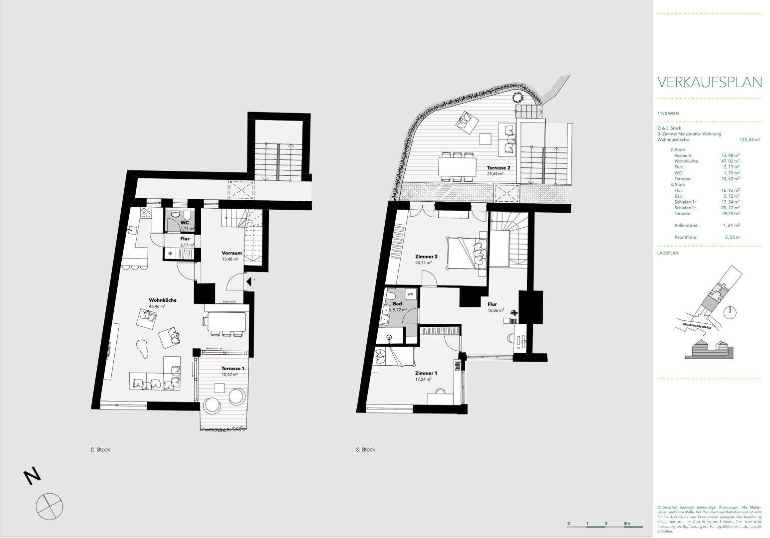 Detaillierter Verkaufsplan einer Maisonette-Wohnung mit zwei Terrassen und mehreren Zimmern.
