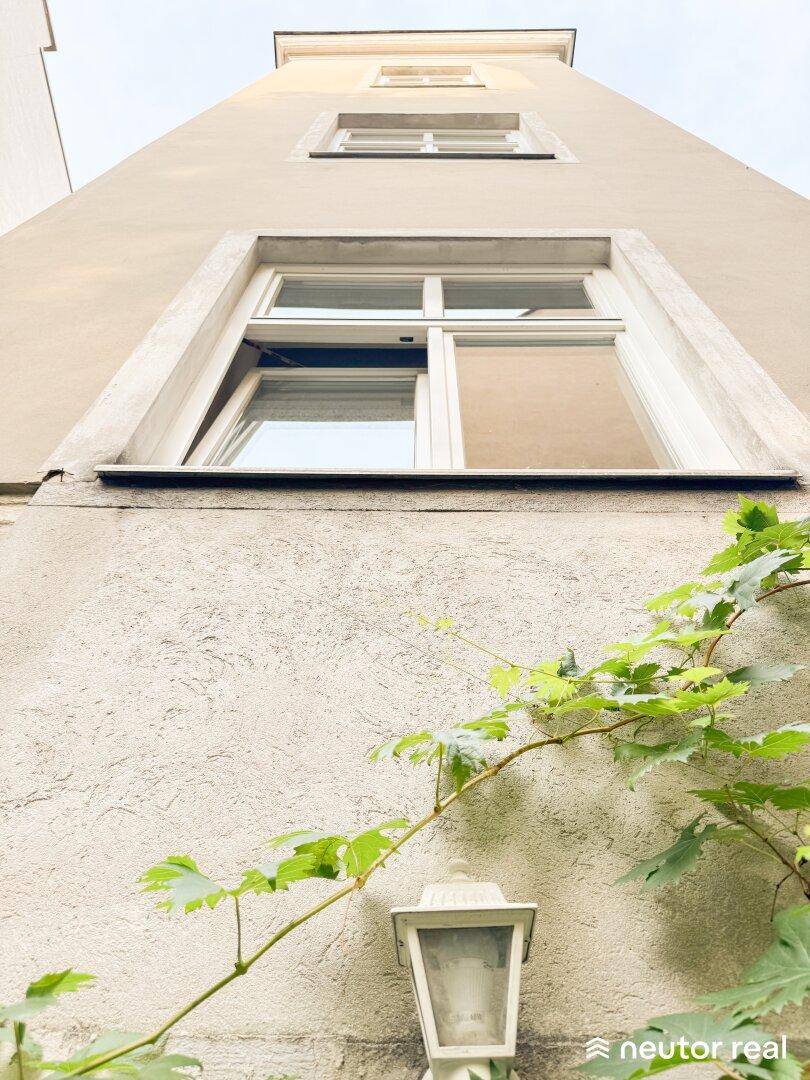 Fassade eines Gebäudes mit Fenstern und einer Rankpflanze, von unten fotografiert.