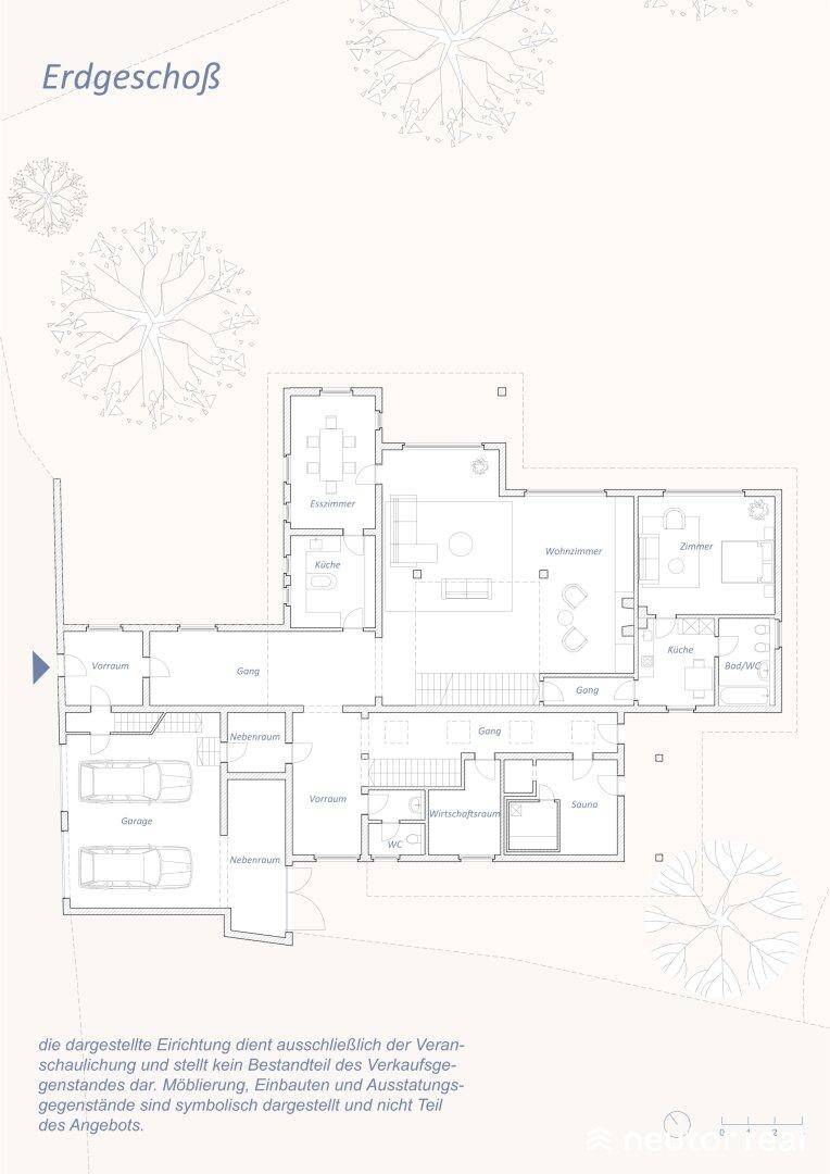 Grundriss des Erdgeschosses mit Küche, Wohnzimmer, Zimmer, Bad und Garage.