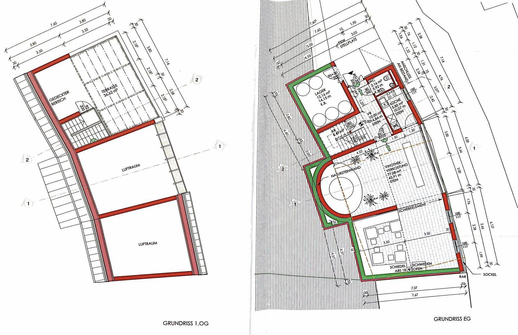 Grundrisse des Erdgeschosses und des Obergeschosses mit Raumaufteilung und Abmessungen.