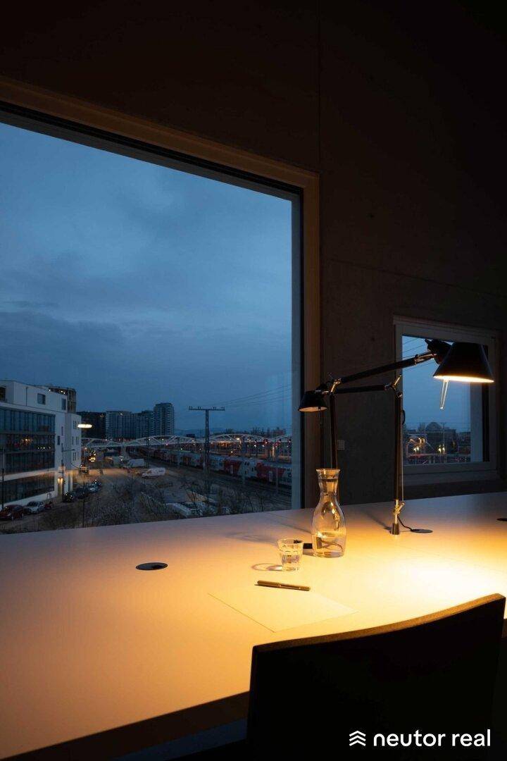 Bürobereich bei Dämmerung mit beleuchtetem Schreibtisch und Blick auf die nächtliche Stadt und Bahngleise.
