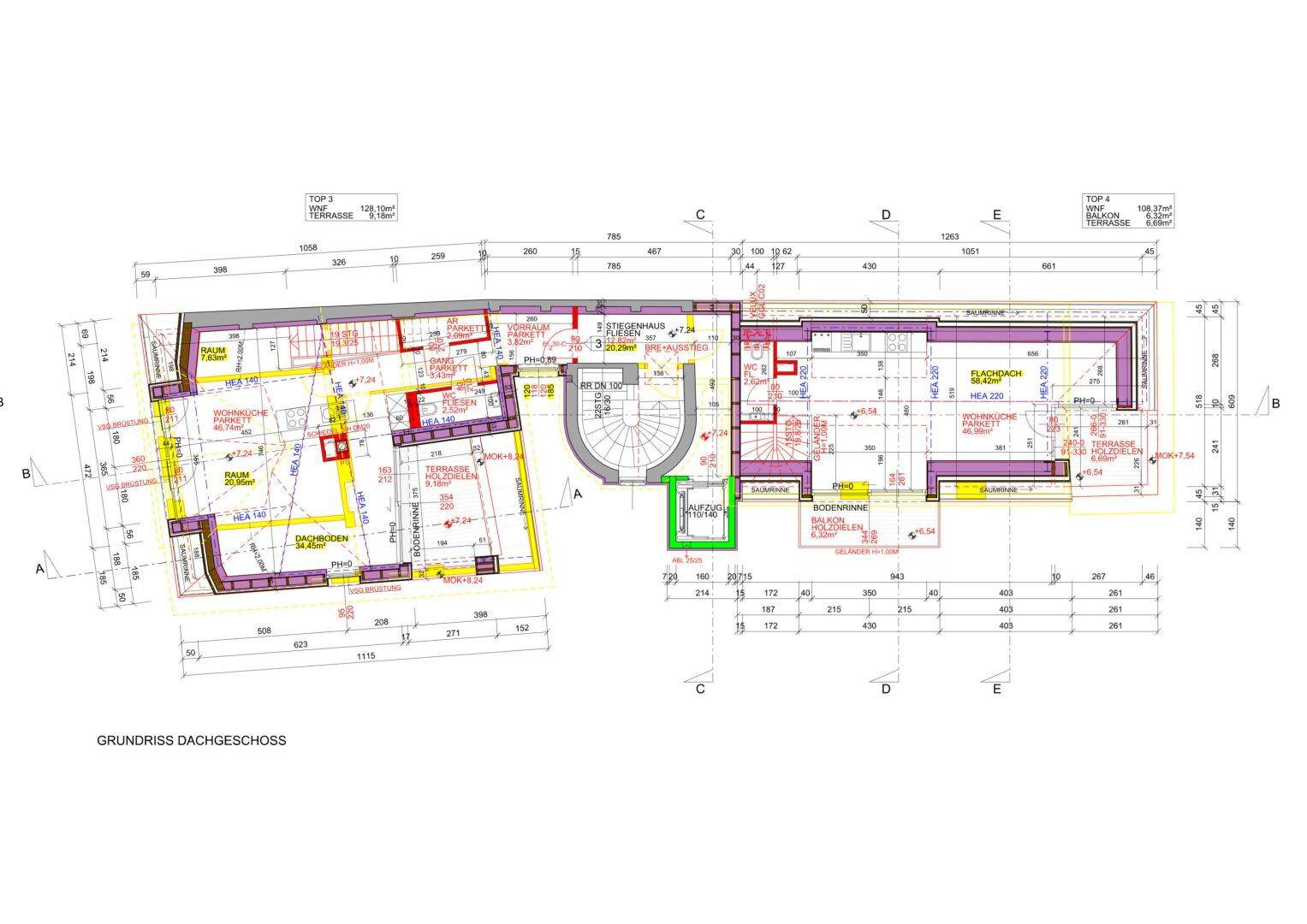 Grundriss des Dachgeschosses mit mehreren Räumen, Terrasse und Balkon.
