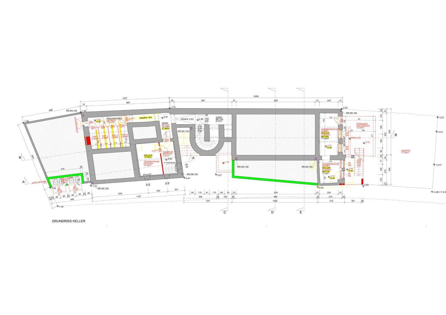Grundriss des Kellers mit Abstellräumen und Treppenaufgang.