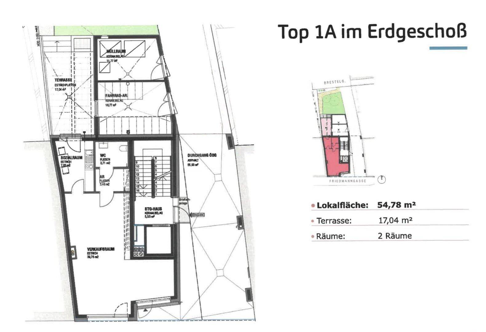Detaillierter Grundriss des Erdgeschosses mit Terrasse und zwei Räumen, Gesamtfläche 54,78 m².