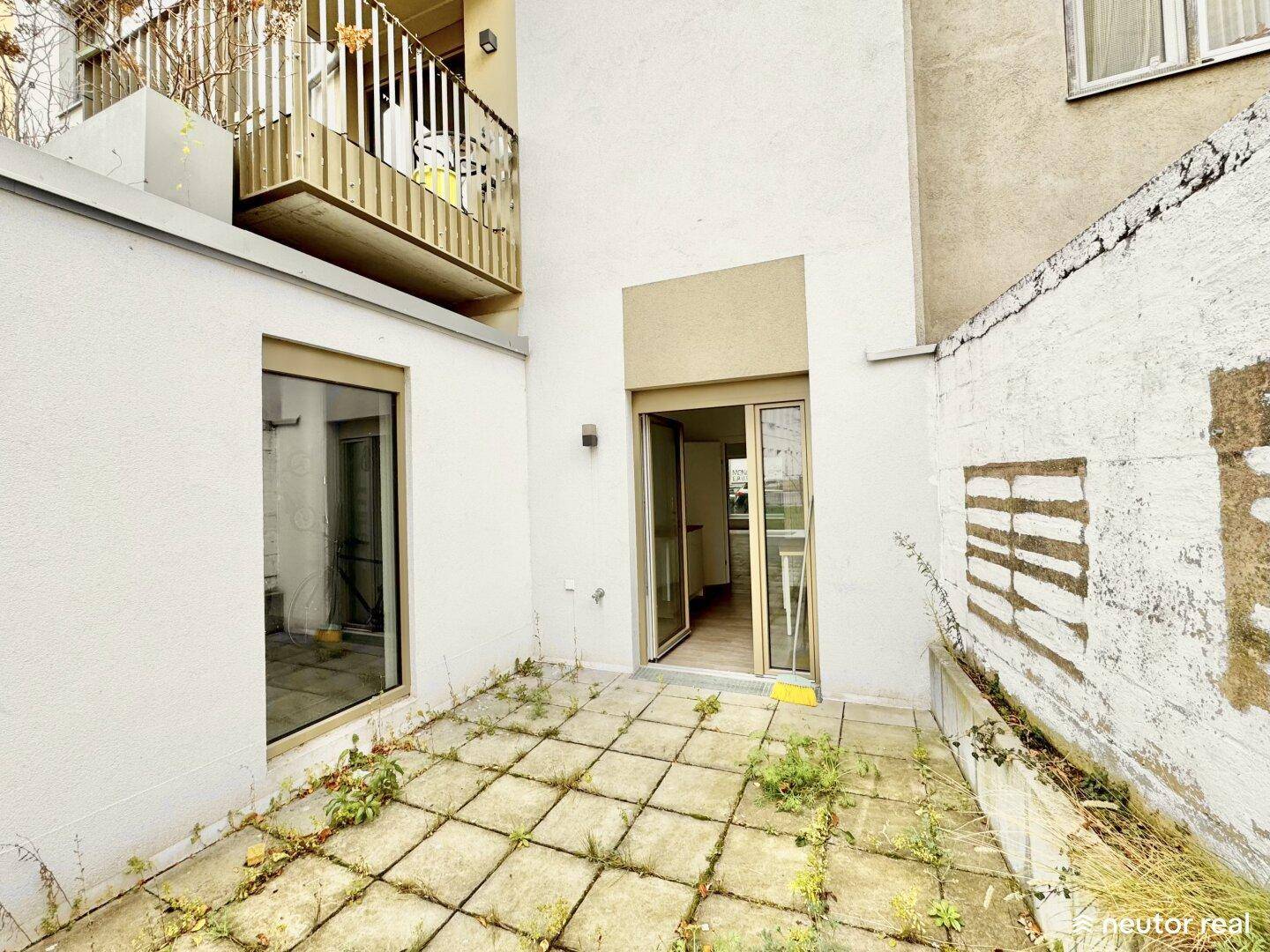 Gepflasterte Terrasse mit Pflanzenbewuchs und Zugang zu den Innenräumen des Gebäudes.