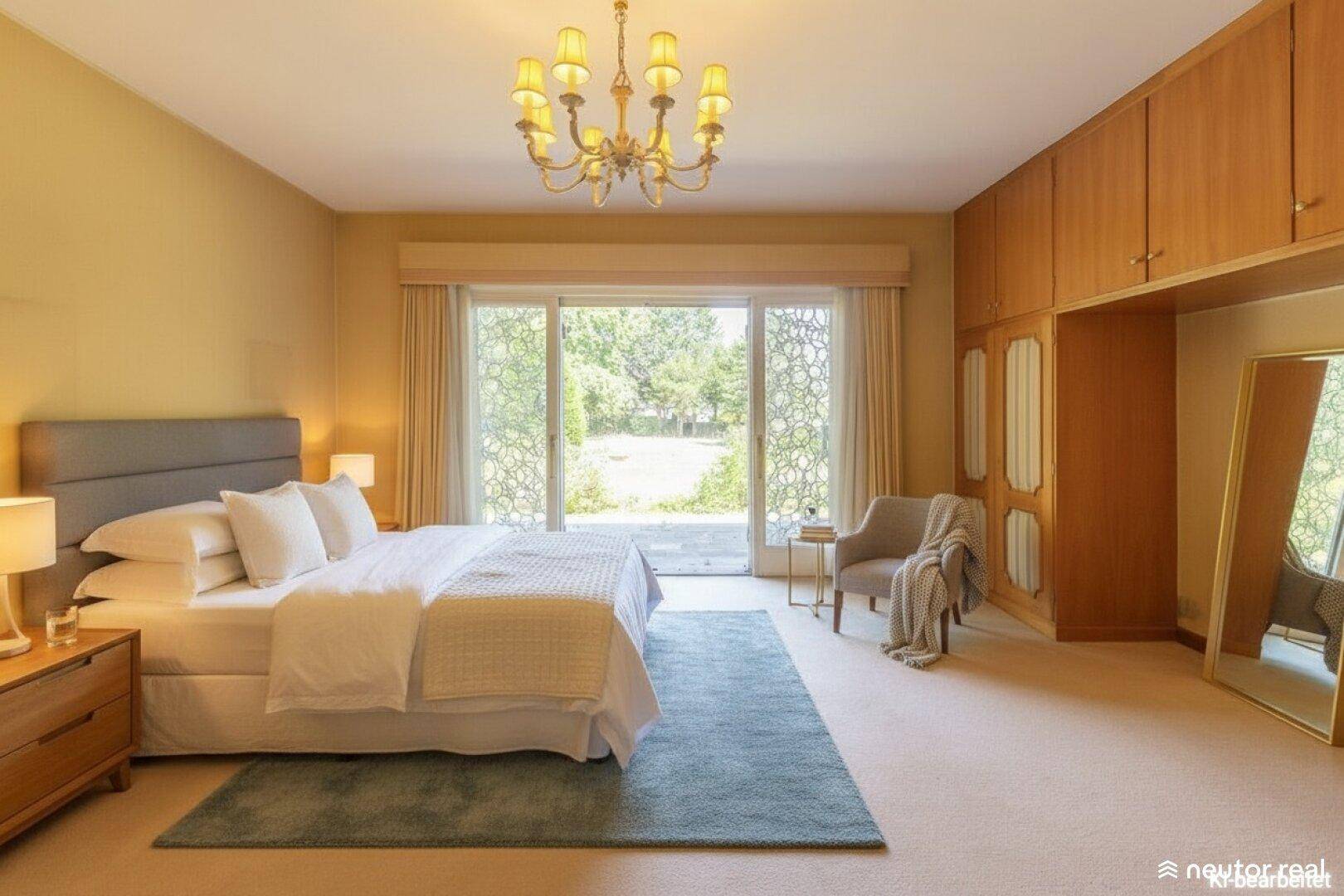 Helles Schlafzimmer mit Teppichboden, Einbauschränken und Zugang zum Garten.