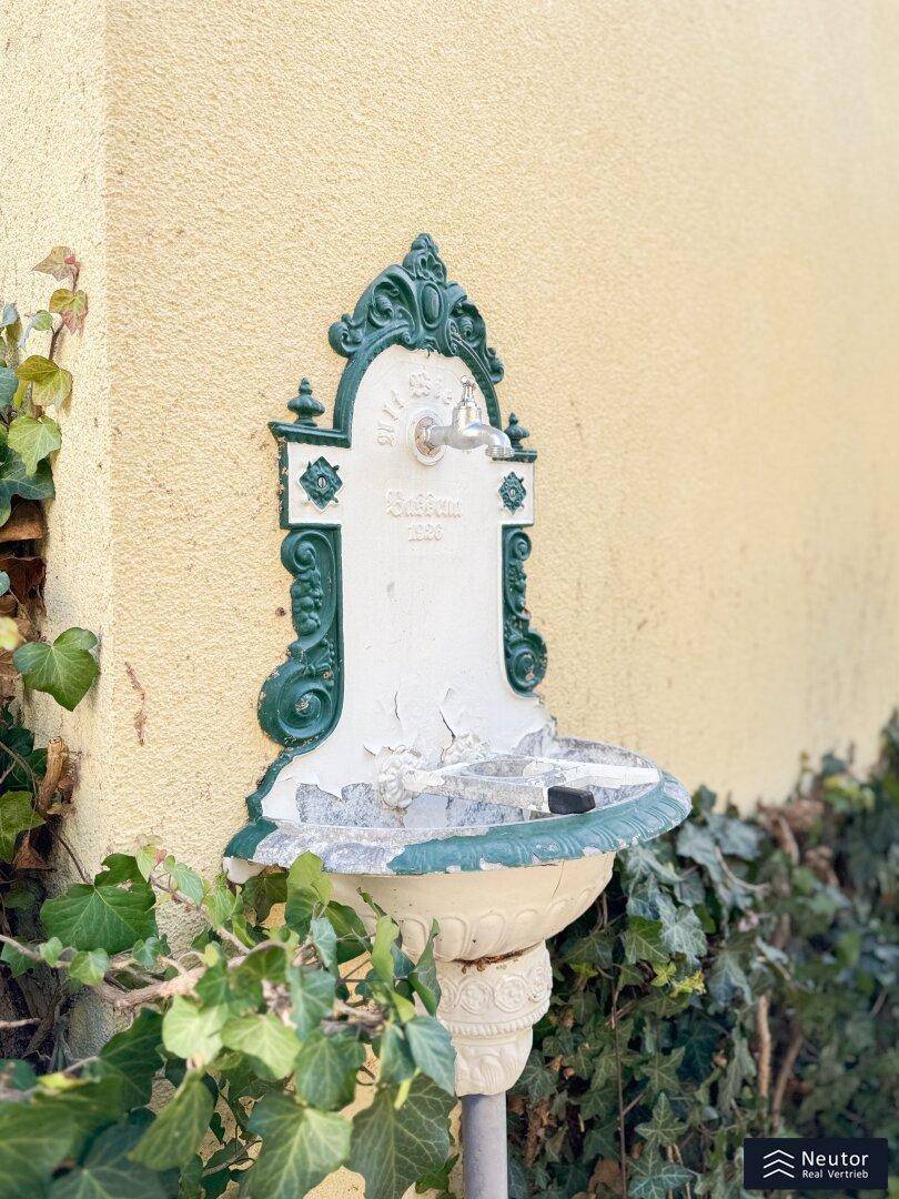 Historischer Wandbrunnen mit grünen Verzierungen an einer gelben Hauswand.