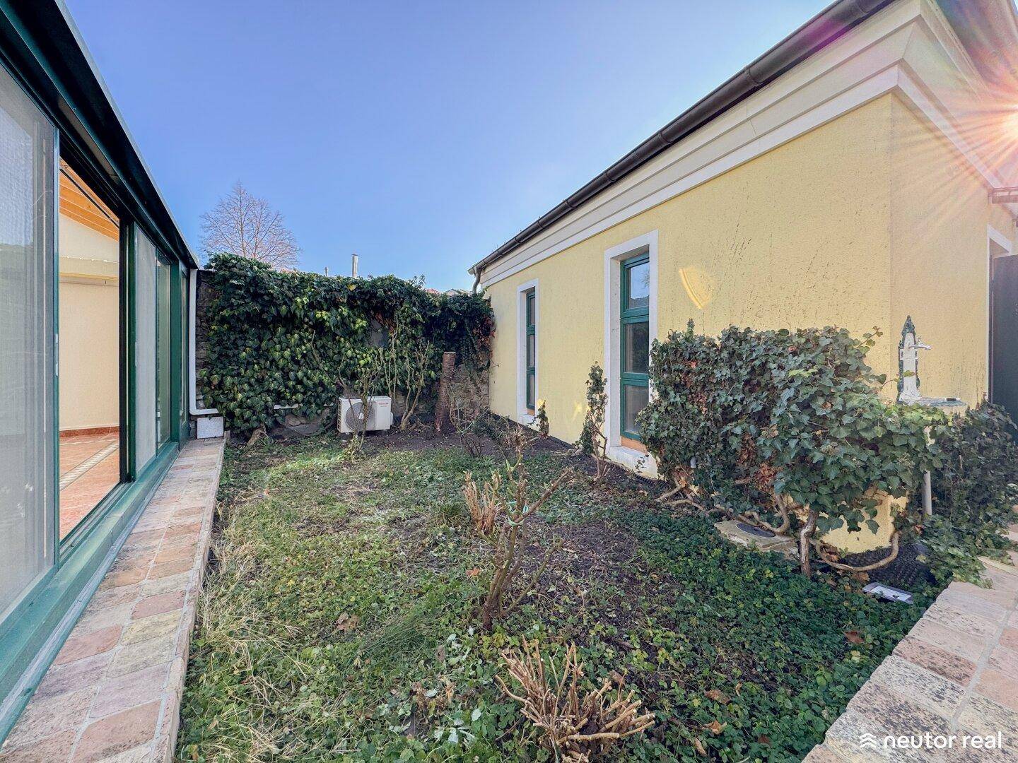 Kleiner, pflegeleichter Gartenbereich neben dem Haus mit Efeu bewachsenen Wänden und viel Sonne.