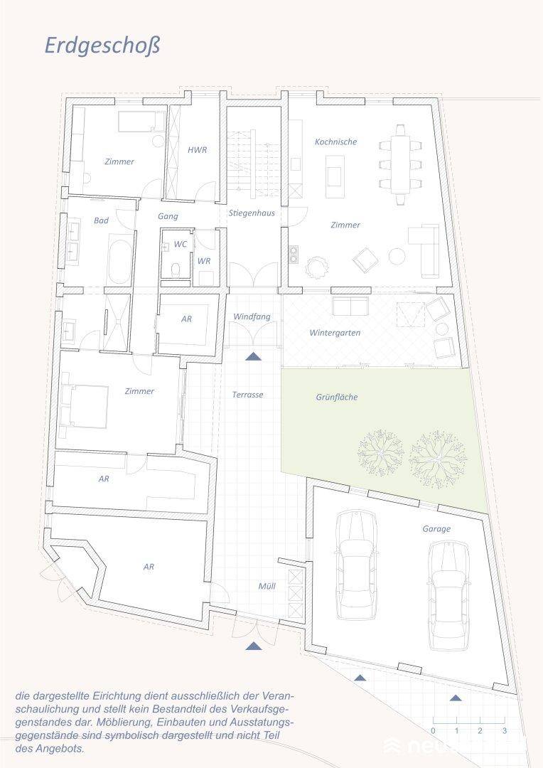 Grundriss des Erdgeschosses mit Zimmern, Küche, Wintergarten und Garage.