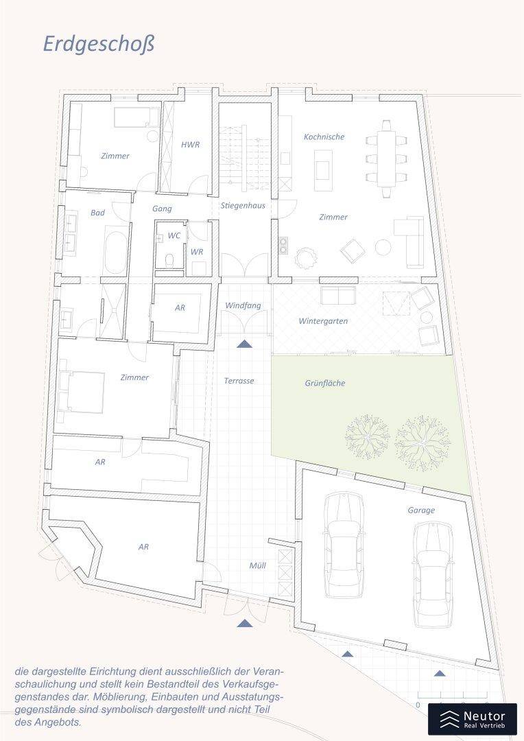Grundriss des Erdgeschosses mit Zimmern, Küche, Wintergarten und Garage.
