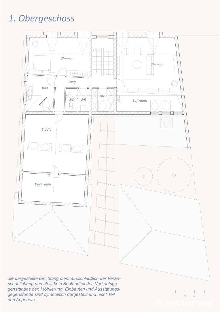 Grundriss des Obergeschosses mit Zimmern, Bad und Dachraum.