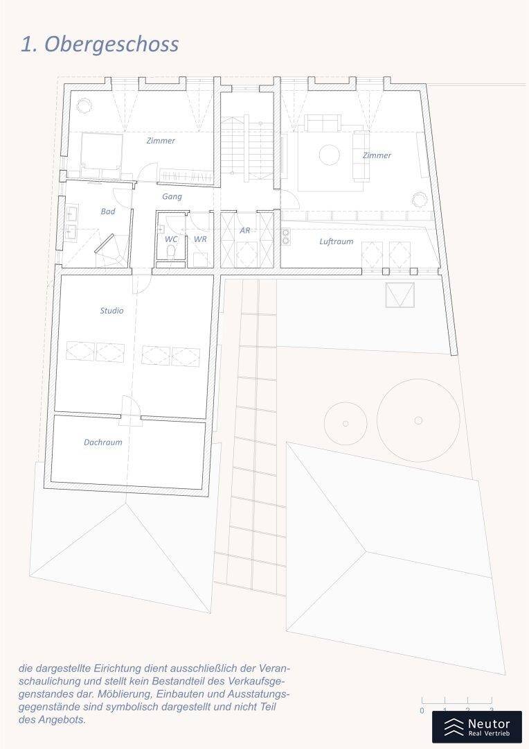 Grundriss des ersten Obergeschosses mit Zimmern, Bad, WC und Dachraum.