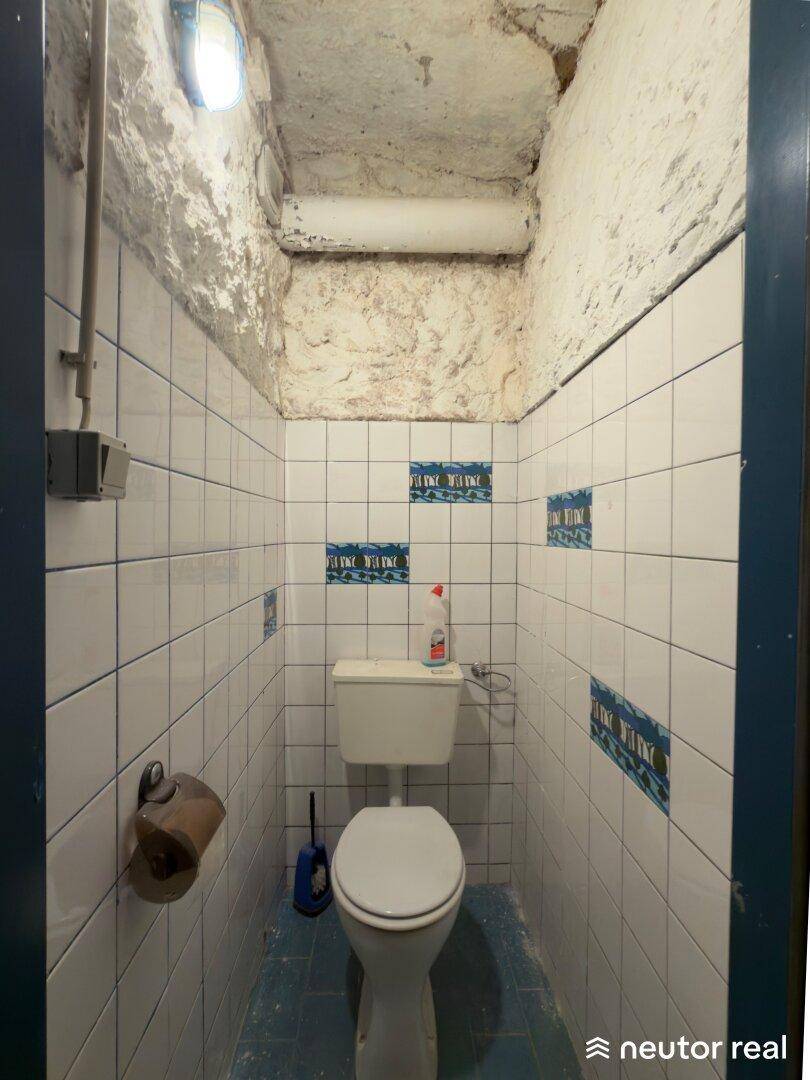 Kleine Toilette mit weißer Keramik, Fliesenwänden und einem blauen Boden.