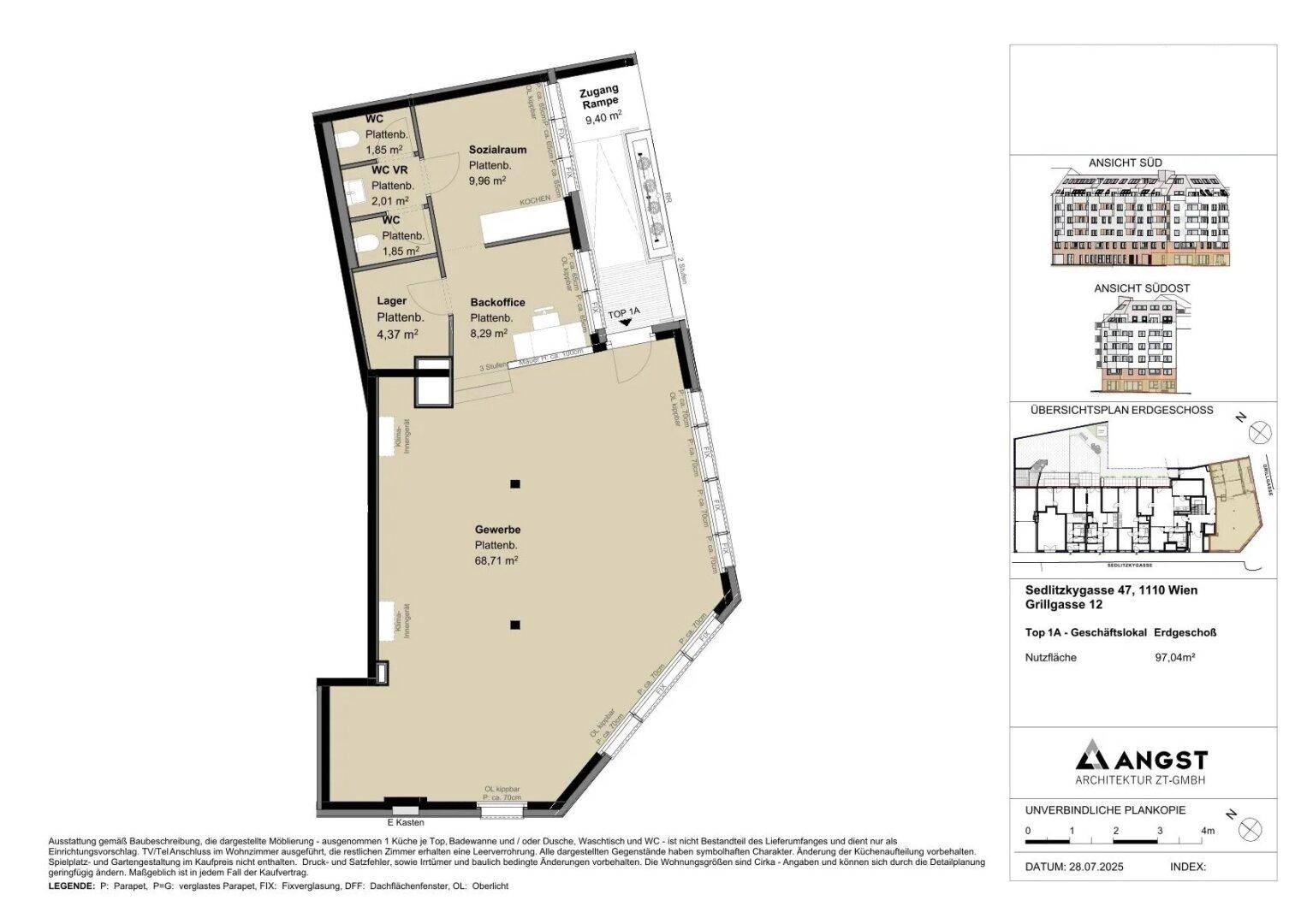 Grundriss des Erdgeschosses mit Gewerbefläche, Backoffice und Sanitärbereichen, inklusive Rampe.