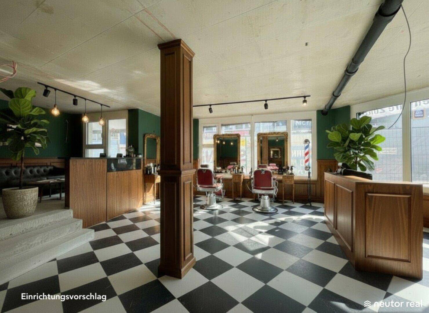 Stilvoller Friseursalon mit schwarz-weißem Schachbrettboden, dunklen Wänden und klassischen Holzmöbeln.